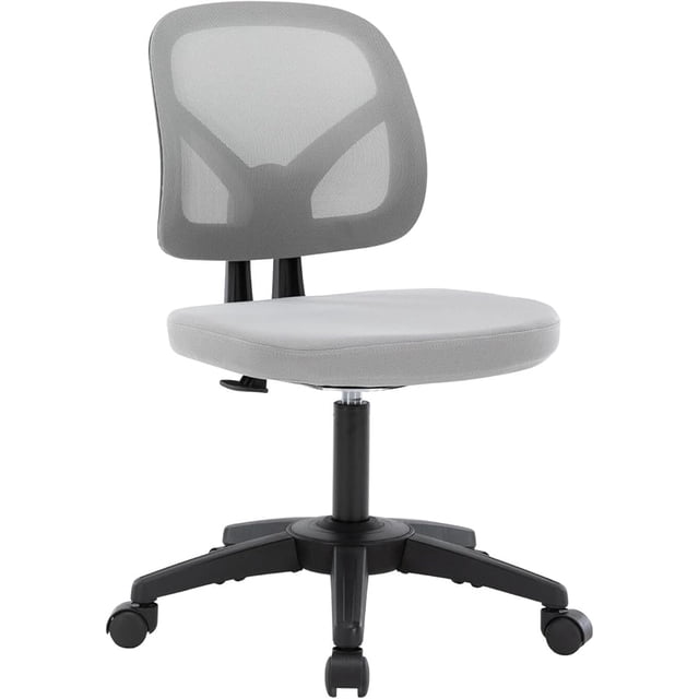Low-Back Home Office Task Chair, Adjustable Height Armless Executive Computer Desk Chair with Swivel Casters for Working Studying Gaming. This grey Moustache office chair features a Y-shaped mesh backrest for ergonomic support, a padded mesh-covered seat, and a 360-degree swivel base with smooth-rolling casters. The chair includes a height-adjustable mechanism with a sturdy Class 3 gas lift and a weight capacity of 250 lbs. Ideal for home or office use.