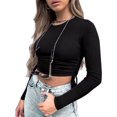thumbnail image 2 of Birdeem T-Shirts Courts Mignons pour Femmes à Manches Longues avec Cordon, Froncés, Coupe Ajustée, 2 of 8