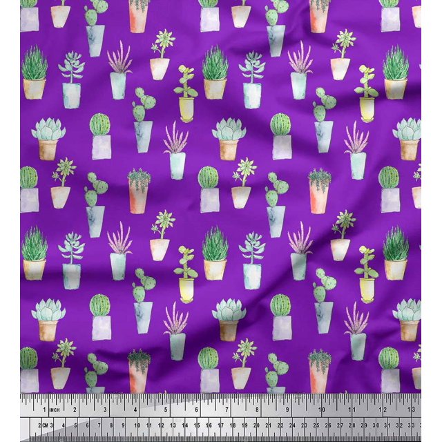Soimoi Purple Rayon Fabric Cactus Leaves Print Sewing Fabric Yard 42 Inch Wide
