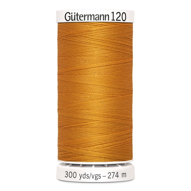 Gutermann 120 100% polyester all purpose thread spool in golden yellow, tightly wound with 300 yards (274 meters) length, suitable for machine and hand sewing on cotton, synthetics, wool, and craft projects like home décor and beading.