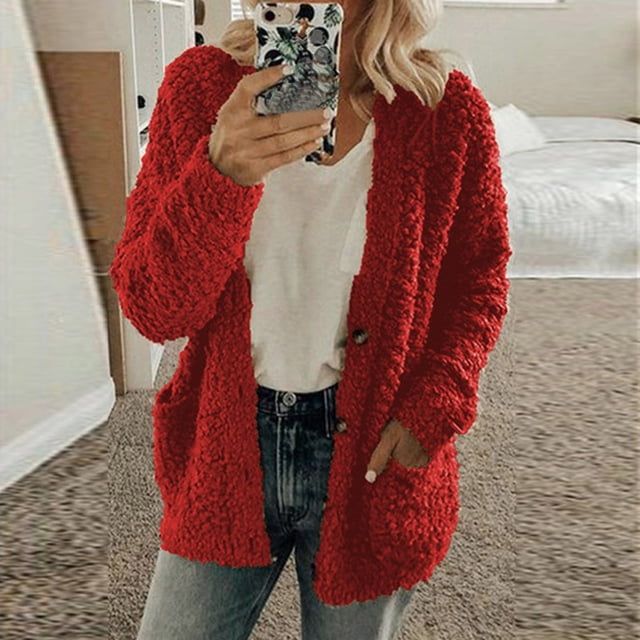 TIMIFIS Women’s Open Front Fleece Cardigan Button Long Sleeve Open Knitted Fleece Cardigan Outwear Sweater Coat Spring Fall Jackets Outerwear-RedFall/Winter