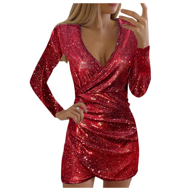 WTXUE Robe à Manches Longues, Robe Longue à Manches Ajustées pour Femmes, Robes pour Dames à Paillettes, Coupe Ajustée, Élégante Robe pour Femmes, Robe à Paillettes pour Femmes, Robes Rouges pour Femmes, Rouge G