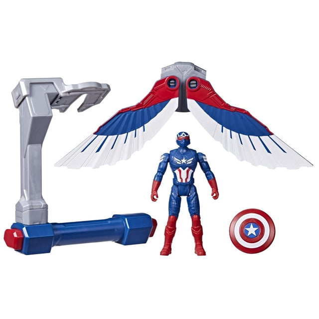 Marvel Epic Hero Series Captain America: Brave New World Flight Control with a 4-inch poseable Captain America figure in blue, red, and white suit featuring a star emblem, detachable red, white, and blue wings for Glide and Strike modes, shield accessory, and gray and blue flight stand for action play.