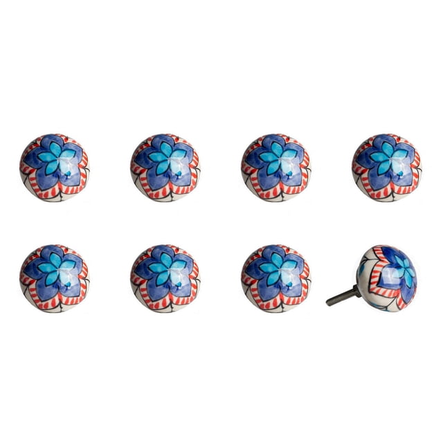 KNOB-IT Vintage Handpainted Ceramic Knobs (8 Pack) featuring round ceramic cabinet knobs with a handpainted blue flower design and red accents, each 1.5 inches in diameter with a 1.25 inch bolt, ideal for cabinets, drawers, and furniture hardware, also suitable for decorative craft projects.