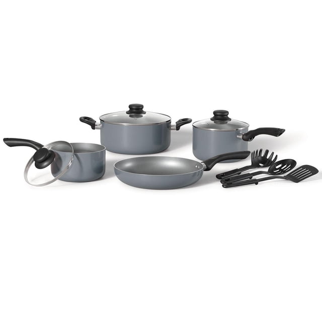 Starbasix Ensemble de Batterie de Cuisine Antiadhésive de 10 Pcs avec Trois Casseroles Grises (1,9 Qt, 2,8 Qt, 4,9 Qt) Comprenant des Poignées Noires et des Couvercles en Verre Trempé avec Évents d'Évacuation de Vapeur, une Poêle à Frire de 10 Pouces et Quatre Ustensiles de Cuisson Noirs, Dont un Spatule, une Cuillère à Fente, un Plateau à spaghetti et une Spatule, Convient pour une Cuisson Rapide et Uniforme et Va au Lave-Vaisselle.