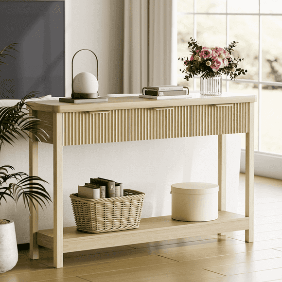 Laintene Table Console Cannelée, Table d'Entrée Étroite de 51 Pouces, avec 3 Tiroirs, Table Console en Bois pour Sofa avec Tablette Ouverte de Rangement, Étagère d'Exposition Moderne pour Salon Mur Couloir Vestibule, Chêne Naturel