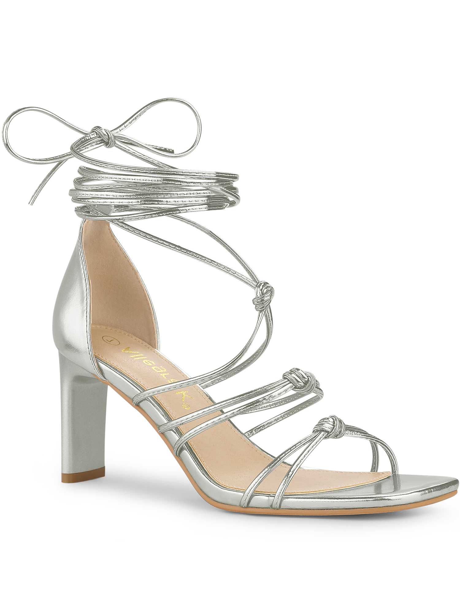 BLISSFUL STEP Sandales à Talons Hauts Blocs à Lacets à Brides pour Femmes Argent 9
