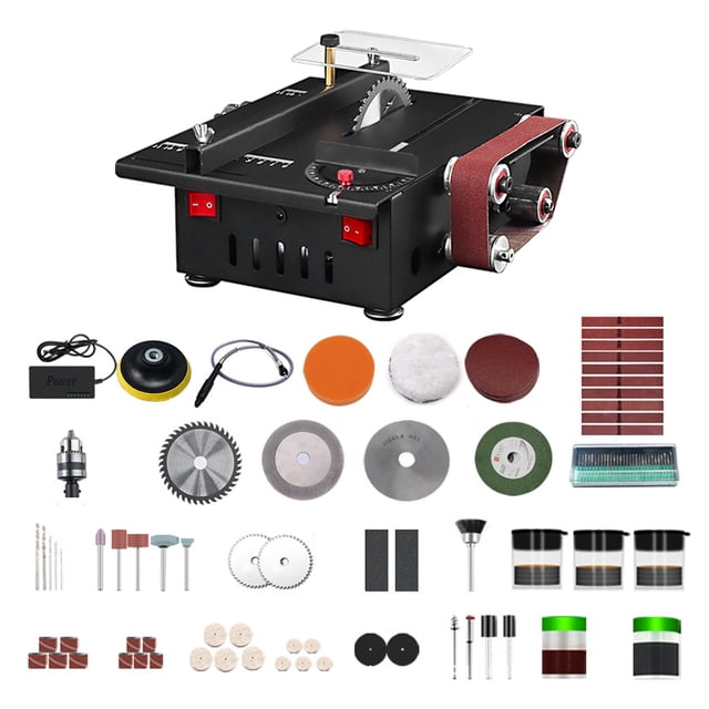 150W Bench Saw and Belt Sander with Extension Rod, Collet, Grinding Carving Drilling Kit, Variable Speed Circular Table Saw 30mm Cutting Depth DIY Benchtop Sanding Machine with 10 Sanding B