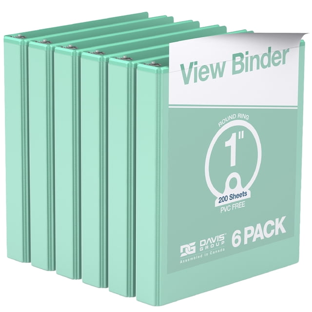 Davis Group Economy 3-Ring View Binders, 1" Round Rings, 225 Capacity, Mint, Pack of 6