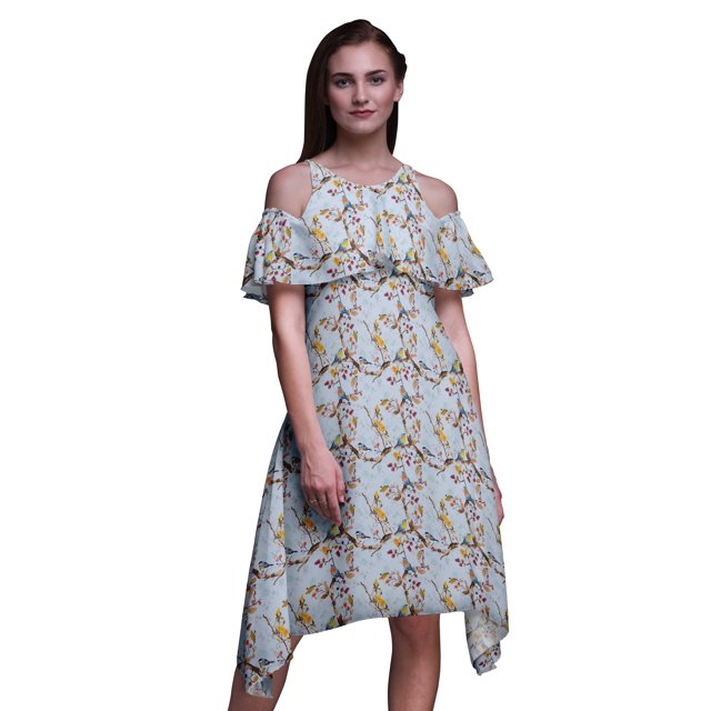 Bimba Blue Watercolor Printed Womens Cold Shoulder Tunic Party Round Neck Shift Dress - Small