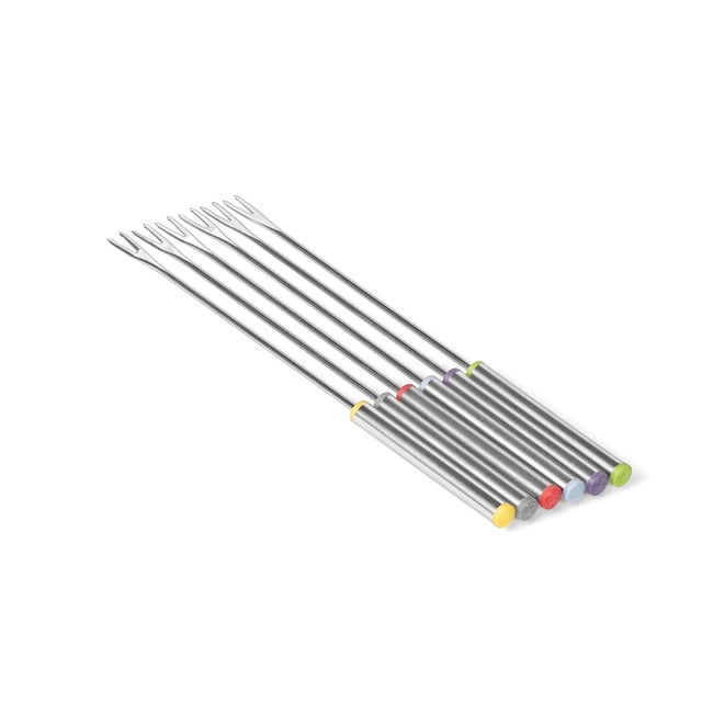 Starfrit Fondue Forks set of six 22.5 cm stainless steel forks with color-coded tips in yellow, gray, red, blue, purple, and green, designed for electric fondue pots to help guests identify their forks during use.