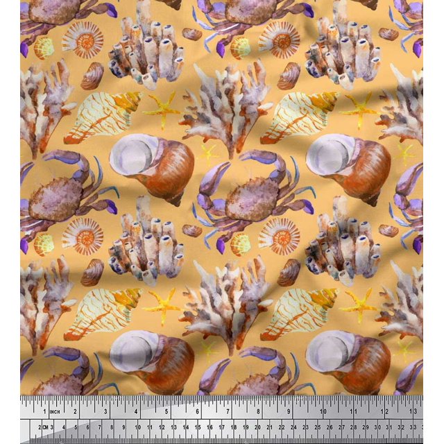 Soimoi Orange Viscose Chiffon Fabric Crab,Shell & Coral Ocean Decor Fabric Printed Yard 42 Inch Wide