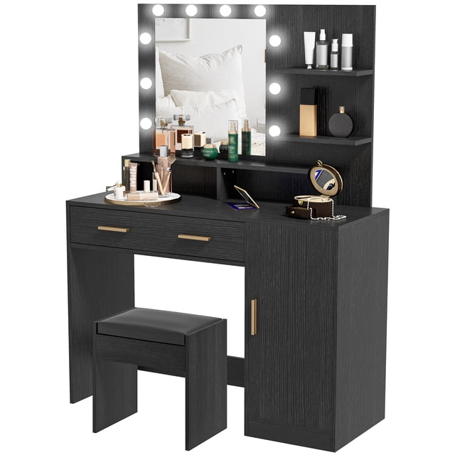 CoSoTower Illuminated Dressing Table Set, LED Vanity Table Set with Stool, LED Mirror, Drawer and Cabinet Shelves for Bedroom