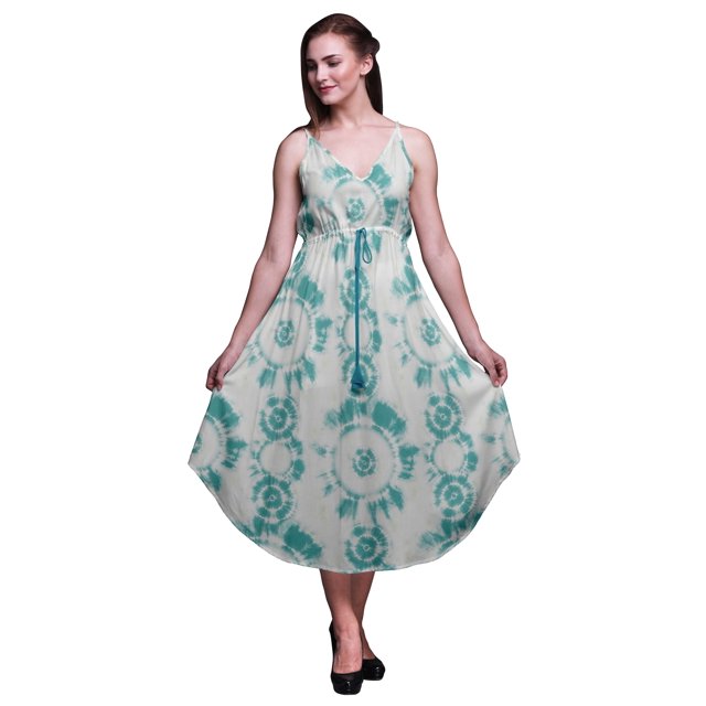 Bimba Robe de Plage Bohème Midi Sans Manches Imprimée Teinture sur Nœuds pour Femmes - Très Petit