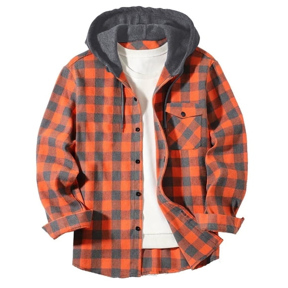 aohooy Men's Plaid Hoodie Flannel Shirt Jacket Fall Casual Lightweight Drawstring Long Sleeve Button Down Shirts with Pocket Orange,XXXL