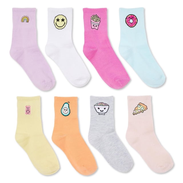 George Girls' Mid-Crew Socks 8-Pack with eight assorted pastel-colored socks featuring embroidered playful graphics including a rainbow, star-eyed smiley face, french fries, pink donut, gummy bear, avocado, bowl of noodles, and pizza slice. These mid-crew socks have ribbed legs for a snug fit, suitable for everyday wear and casual activities.
