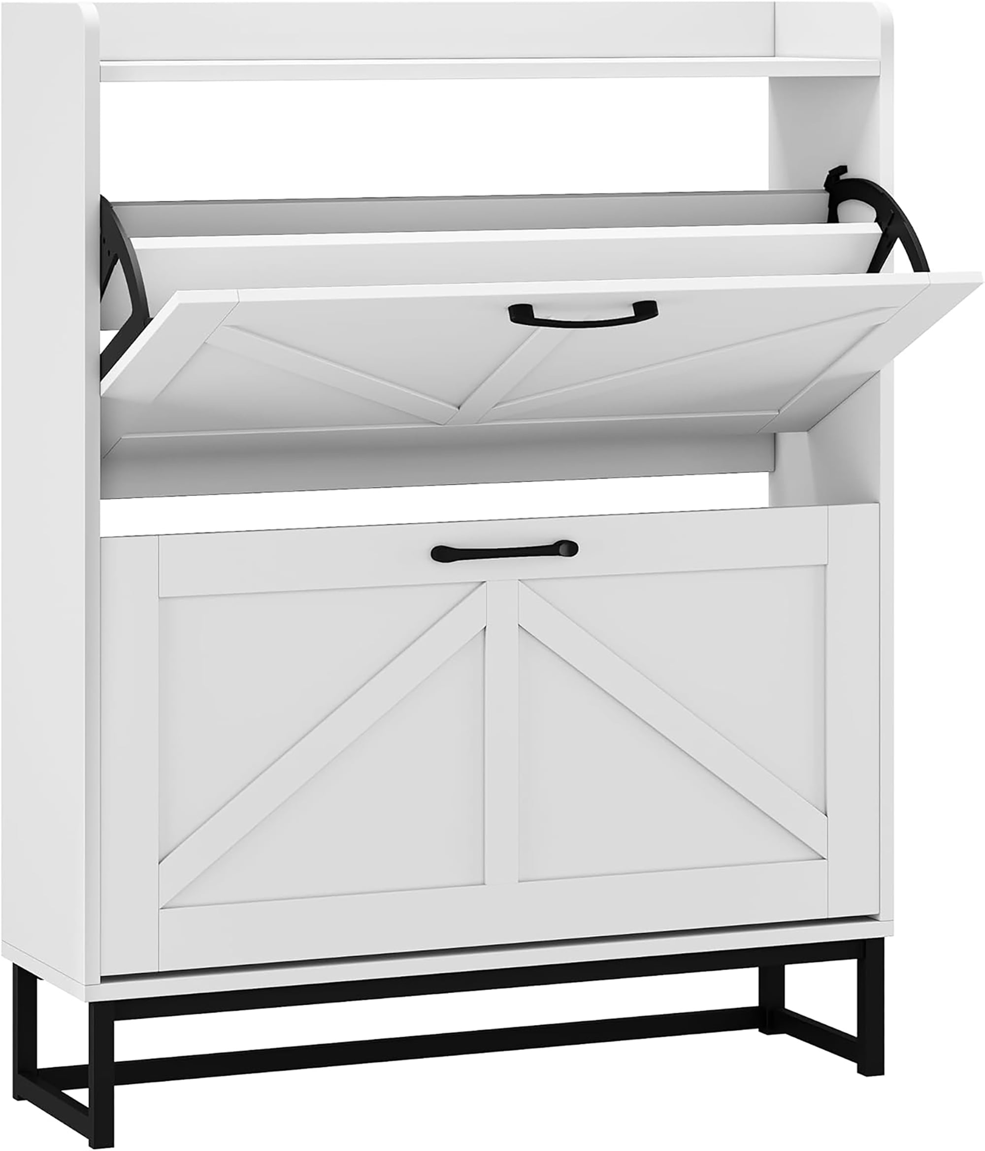 2-Tier Rattan Shoe Cabinet with Flip Drawers, Wooden Entryway Shoe Storage Organizer with Adjustable Shelves & Metal Base - White