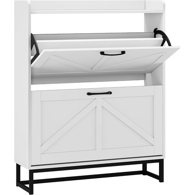 Toytexx 2-Tier White Farmhouse Cabinet with Flip Drawers, Adjustable Shelves & Metal Base, featuring a slim design with two flip drawers and a top shelf. Made of durable engineered wood with a black metal base, it has a modern farmhouse style with X-patterned panels and black metal handles. The cabinet holds 12–16 pairs of shoes with adjustable or removable dividers and includes a waterproof surface and ventilated design. Dimensions: 31.49 inches wide, 9.25 inches deep, and 39.88 inches high.