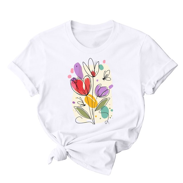 RKSTN Hauts d'Été pour Femmes 2024 Décontractés Coupe Ample Polyvalents T-Shirts Graphiques Mode à Imprimé Floral Respirants Manches Courtes Col Rond T-shirt Blouses, Cadeaux de la Fête des Mères