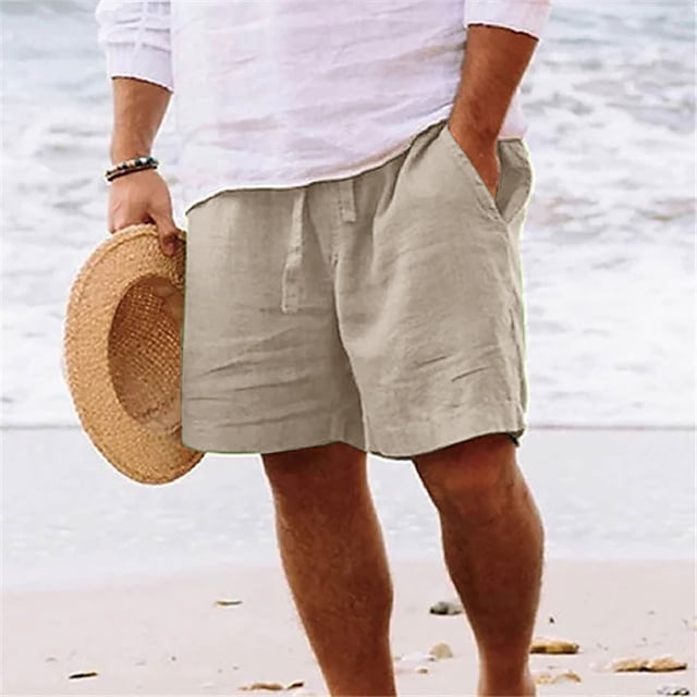 cllios Cotton Linen Shorts for Men Big and Tall Beach Shorts Elastic Waist Drawstring Casual Shorts Classic Solid Color Half Length Pants Summer Beach Vacation Shorts with Pockets
