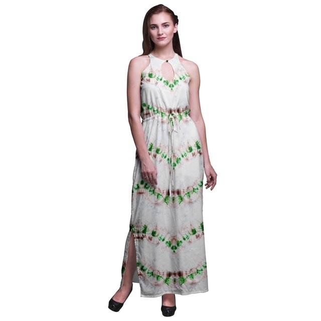 Bimba Robe Maxi Teinture sur Nœuds pour Femmes à Col Rond, Taille à Cordon, Imprimé, avec Fentes Latérales, Tenue d'Été - Moyen