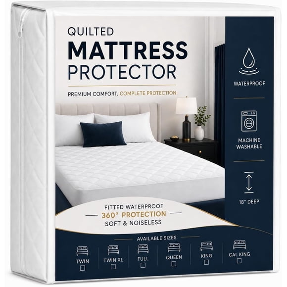 Qatan Waterproof Mattress Protector Queen Size, Quilted Fitted Mattress Cover with Stretchable 18 inch Deep Pocket, Breathable, Noiseless & Machine Washable