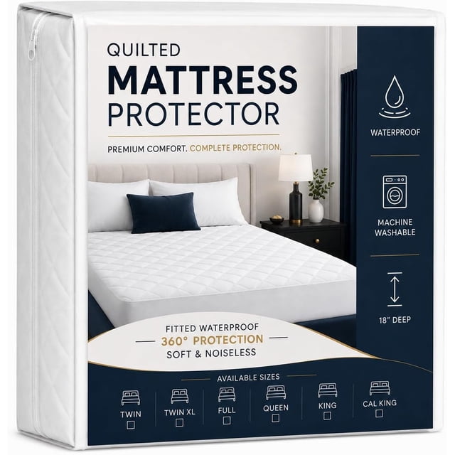 Qatan Waterproof Mattress Protector Queen Size, Quilted Fitted Mattress Cover with Stretchable 18 inch Deep Pocket, Breathable, Noiseless & Machine Washable