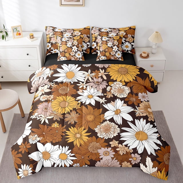 YST Ensembles de Literie Bohèmes d'Automne à Fleurs pour Lit Simple 7 Pcs, Ensemble de Lit Réversible Tout-en-un, Ensemble de Couette Boho Farmhouse Rustique Tournesol Marguerite Couette Groovy Power Flower Ensemble de Lit