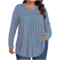 thumbnail image 2 of Mevxay Blouse à Rayures pour Femme Grande Taille Chic Décontractée T-Shirts Plissés Manches Longues Col Ras du Cou Tunique Fluide Hauts Violet 2TG, 2 of 6