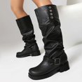 thumbnail image 2 of Slouchy Motorcycle Riding Combat Boots for Women Studded Leather Buckle Square Toe Knee High Cowboy Tall Boots, 2 of 6