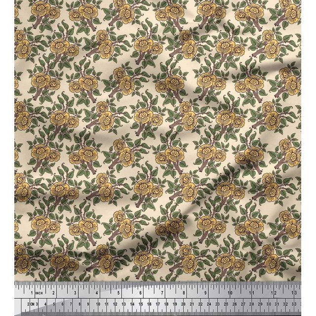 Soimoi Silk Fabric Leaves & Floral Block Printed Craft Fabric by The Yard 42 Inch Wide