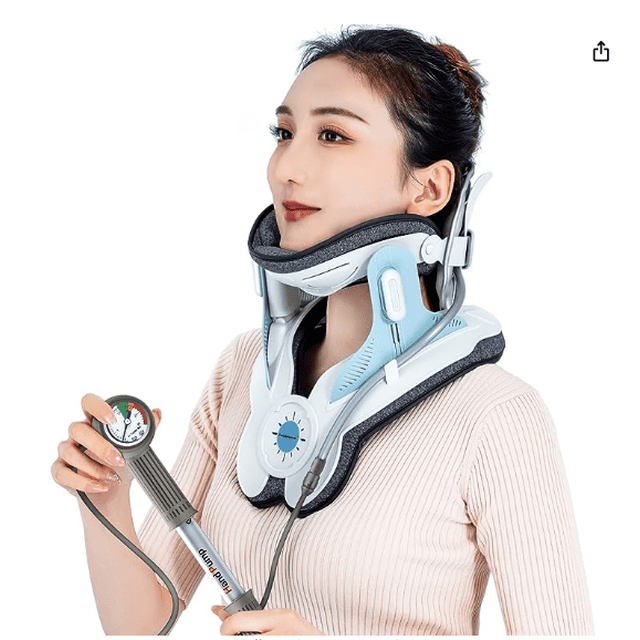 Cervical Neck Traction Device by Twinklepoch, shown worn by a person. The adjustable device features 3 power traction settings, 8 built-in airbag supports, and a manual pump for inflation. Designed for neck pain relief and relaxation, it provides a 26° correction angle and supports optimal spinal alignment. The device is light blue and white with padded support and adjustable knobs for height and tightness. Suitable for use at home during daily activities.