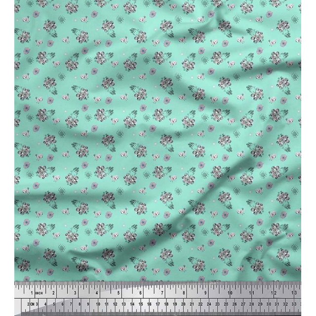 Soimoi Poly Crepe Fabric Floral,Bird & Sheep Kids Printed Fabric 1 Yard 52 Inch Wide