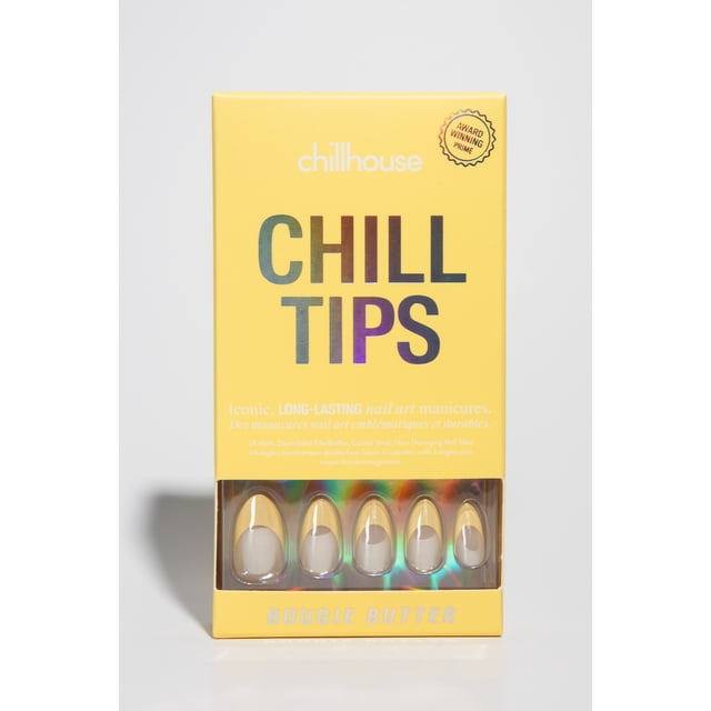 Chillhouse - Press Ons Tips Nails - Almond - Bougie Butter - 30 Tips yellow box with holographic 'CHILL TIPS' text and clear window showing almond-shaped nude false nails. Includes dual-sided file, buffer, cuticle stick, and gentle glue for easy, long-lasting acrylic nail art manicures ideal for at-home use.