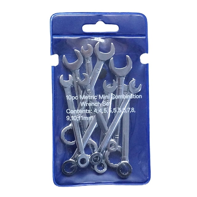 Ensemble de 10 Mini Clés, Extrémité Ouverte et Extrémité de Boîte, Clé Standard Combinée pour Assembler des Meubles. Comprend 10 Clés en Acier au chrome et au vanadium avec Fini Miroir, Résistance à la corrosion, et Tailles Allant de 4 mm à 11 mm. Emballées dans une Pochette Compacte Bleue pour un Rangement Facile.