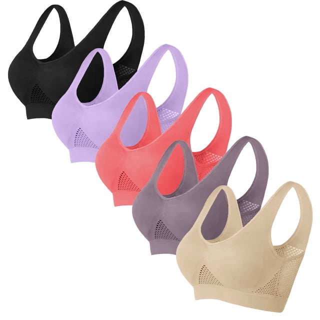 Timegard 5pc Sports Bras for Women Plus Size Wireless Full Coverage Breathable Mesh Comfortable Workout Bra
