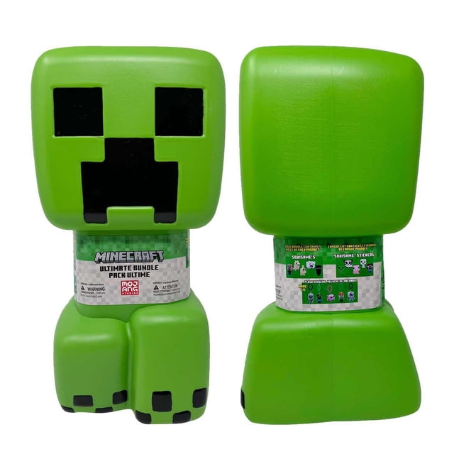 Minecraft Ultimate Bundle featuring a large green Creeper figure with a pixelated black face and feet, shown from front and back with a label listing collectible items like squishme toys, sticker squishme, fidget spinner, and giant bubble pop-it, ideal for Minecraft fans and gross motor skills development.