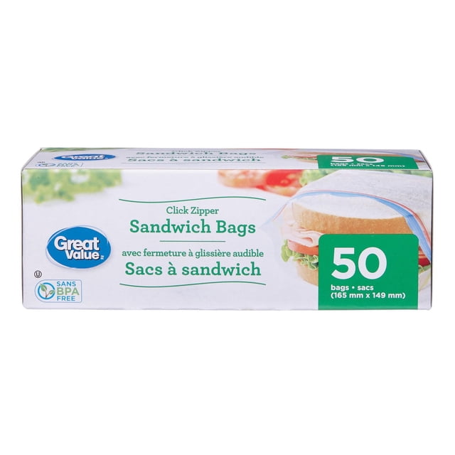 Great Value Boîte de Sacs à Sandwich à Fermeture Éclair avec 50 Sacs Jetables Mesurant 165 mm par 149 mm, Présentant un Sceau à Fermeture Éclair à Clic, Texte Bilingue Anglais et Français, Étiquette Sans BPA, et une image d'Un Sandwich Scellé à l'Intérieur d'Un Sac, Convient à l'Entreposage Alimentaire Quotidien et aux Lunchs.