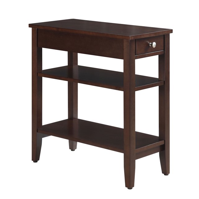 Convenience Concepts American Heritage Table d'Appoint en Bois à 1 Tiroir, Fini espresso. Cette Table d'Appoint en Bois Présente un design Épuré et Contemporain avec un Seul Tiroir pour le Rangement Caché et Deux Étagères Ouvertes pour Exposer la Déco Ou Ranger les Essentiels. Mesurant 23,5 x 11,25 x 24 Pouces, Elle Est Idéale pour les Salons Ou comme Table d'Accent dans d'Autres Espaces.