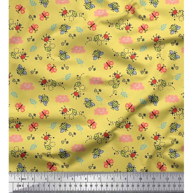 Soimoi Yellow Moss Georgette Fabric Honey Bee & Bettle Bee Insects Print Fabric by The Yard 42 Inch Wide