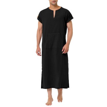 INSPIRE CHIC Chemise de Nuit Longue pour Homme à Col en V, Manches Courtes, Coton, Fente Latérale, S, Noir