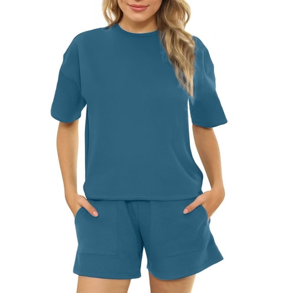 Womens Loose Casual Two-piece Suit Short Sleeve Top And Shorts With Pocket Set