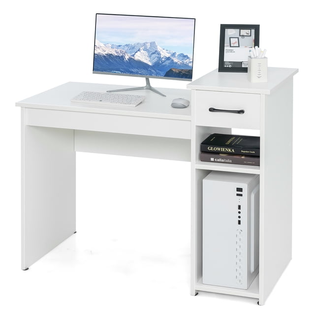 Costway Accueil Bureau Bureau d'informatique Bureau d ́étude blanc Table portable avec tiroir & Plateau de stockage
