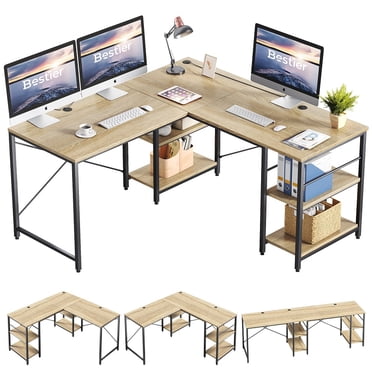 Bestier 95.5 inches L-Shaped Computer Desk Long Table for Home Office Oak