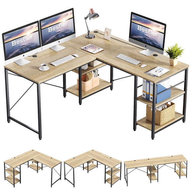 Bestier 95.5 inches L-Shaped Computer Desk Long Table for Home Office in oak finish. This reversible desk features a spacious L-shaped design with a sturdy metal frame and a melamine-coated surface that is waterproof and scratch-resistant. It includes four adjustable shelves, three cable holes, and can be configured as a 55-inch corner desk or a 95-inch long desk. The desk provides ample workspace for multiple monitors, a computer, and accessories, making it ideal for home offices, gaming setups, or study areas. The shelves can be adjusted to accommodate a computer tower or other items. Dimensions: 59.4 inches L x 59.4 inches W x 29.1 inches H.