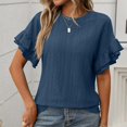 thumbnail image 4 of JIRNDf Hauts pour Femmes T-Shirts d'Été Tendance Couleur Unie Col Rond Manches Courtes à Volants Blouse pour Femmes Tunique Décontractée Bleu Foncé L, 4 of 8