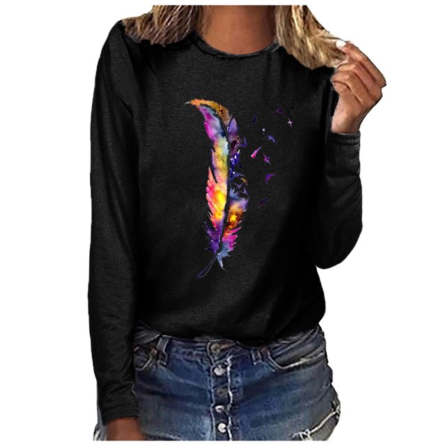 PVCS Hauts pour Femmes Col Rond Imprimé Manches Longues Blouse Décontractée Ample T-shirt