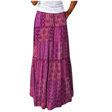 Pisexur Women's Boho Floral Skirt Casual Elastic High Waist Tiered Bohemian Maxi Skirts Flowy A Line Beach Long Skirt with Side Pockets