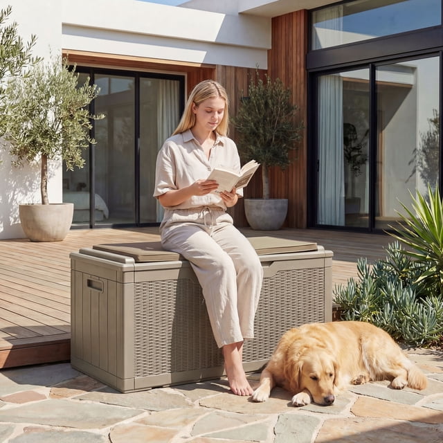 Homall 100-Gallon Outdoor Resin Deck Box for All-Weather Use Lockable Waterproof Storage Solution with Cushion Storage,Light Brown