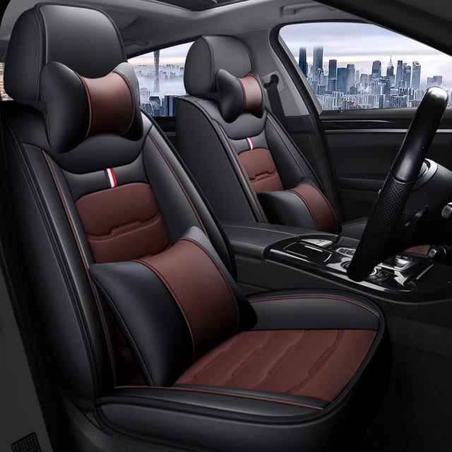 Maidao Car Seat Covers Leather Set for BMW for X1 2017-Present 5 Seats Compatible Airbag Waterproof Front Rear Cushion Protector with Pillow Black and Coffee